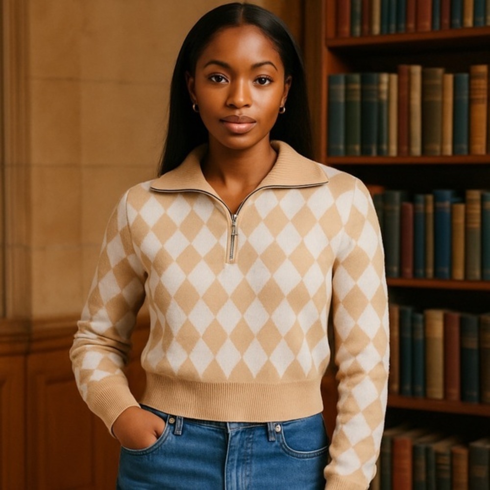 Saylor Beige Cream Argyle Half-Zip Cropped Sweater EUC RTR XS #2519